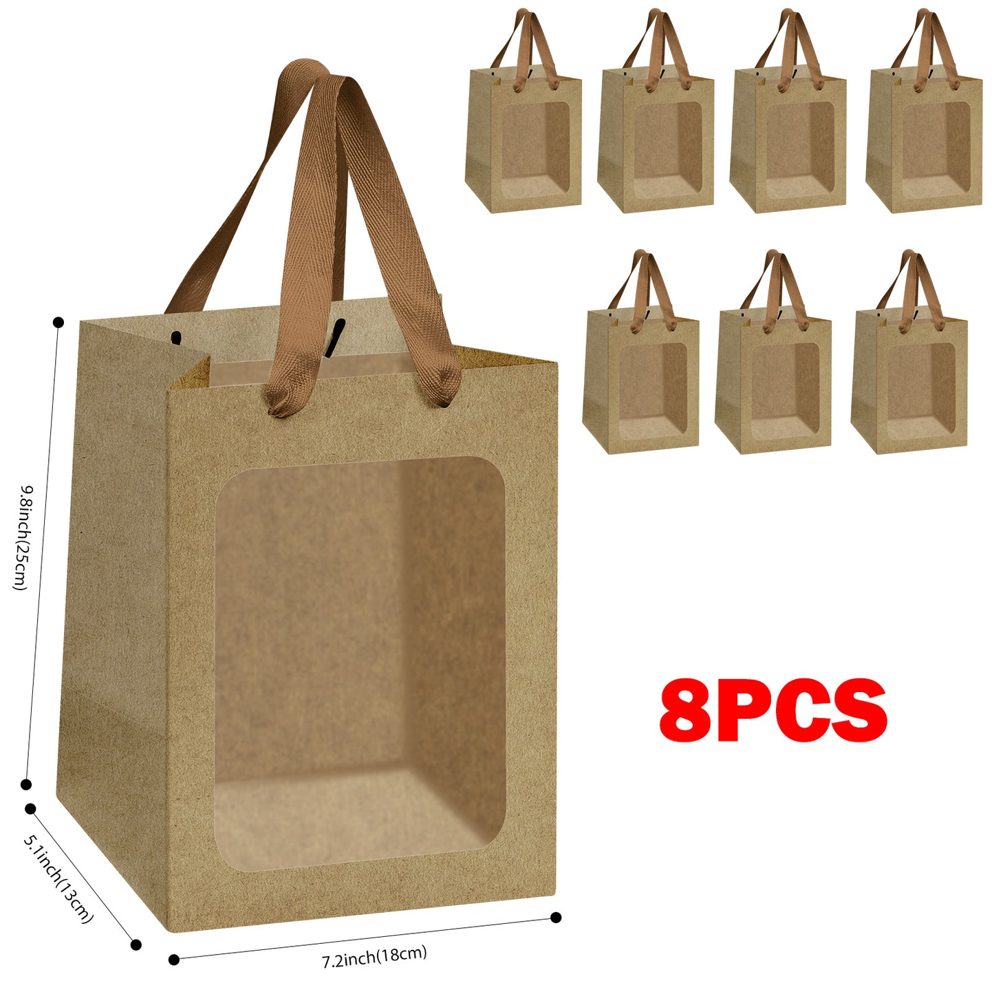 8/12/16/24pcs Brown Kraft Paper Gift Bags with Clear Window and Handles, Perfect for Cookies, Bakery, Party Favors, Christmas and Thanksgiving
