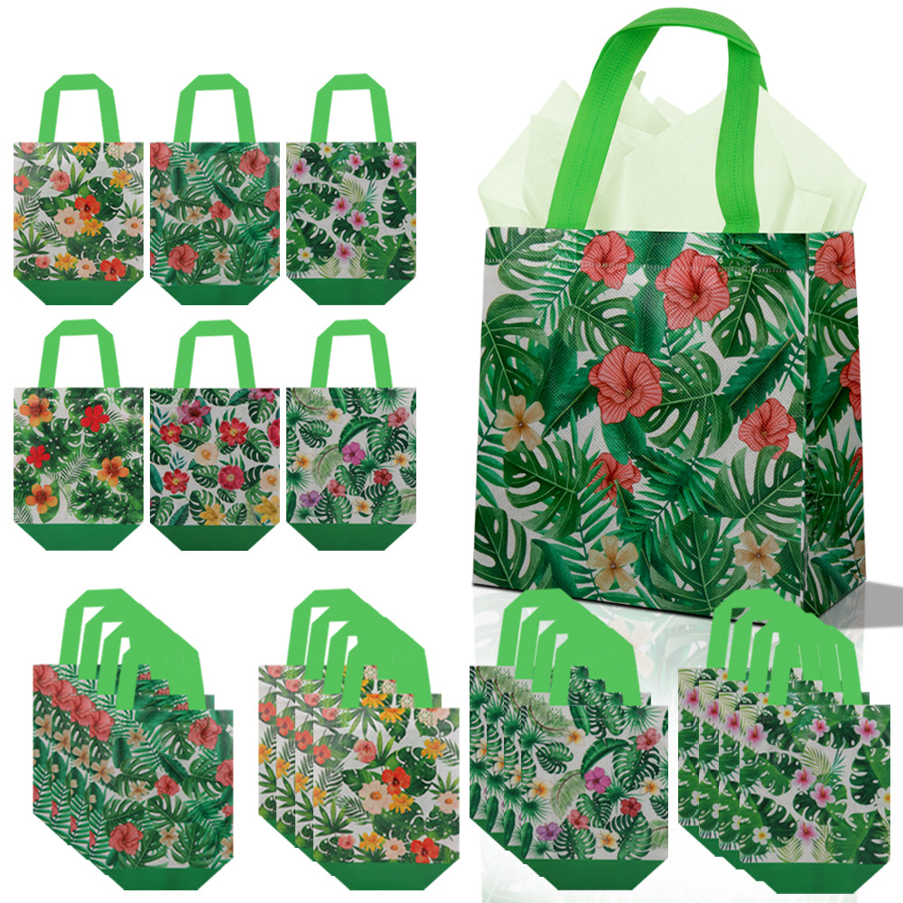 24/48pcs Tropical Gift Bags with Handles, Hawaiian Luau Party Favor Bags, Hibiscus and Monstera Summer Birthday Wedding Goody Bags for Candy Treats