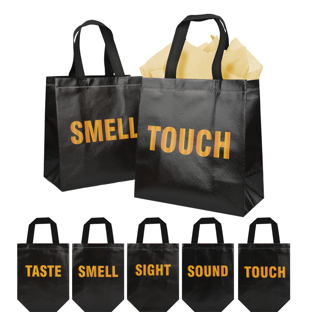 20/40pcs Sensory Bags for Blind Taste Test, Black Non Woven Party Favor Bags with SIGHT SMELL TOUCH SOUND TASTE Words