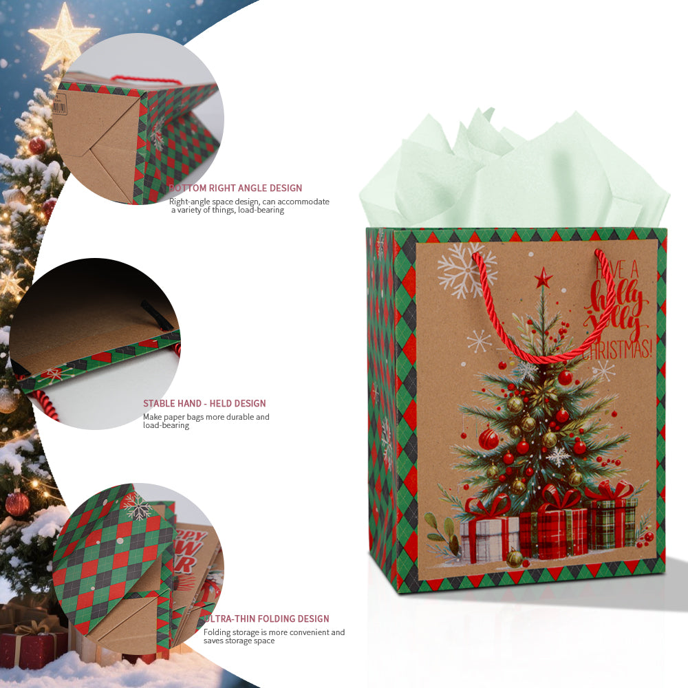10/20pcs Retro Christmas Gift Bags with Handles, Kraft Paper Holiday Party Bags, Santa Claus and Reindeer Design