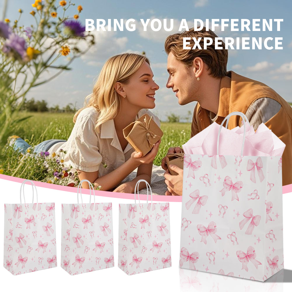 24/48pcs Pink Bow Gift Bags, Cute Paper Party Favor Bags with Ribbon Handles for Birthday, Wedding, Baby Shower, Candy, Goodie Bags