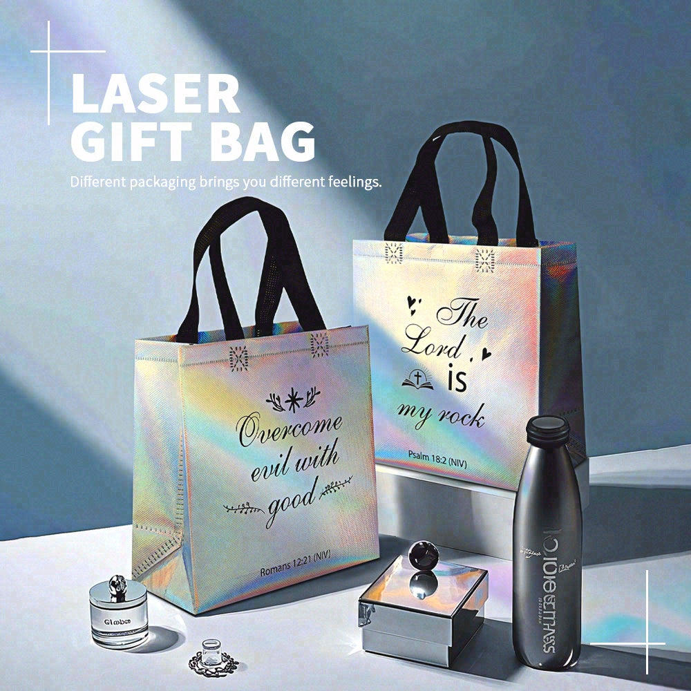 16/32pcs Christian Gift Bags with Bible Verses, Holographic Iridescent Tote Bags for Church, Bible Study, Easter, Christmas, Religious Party Favors
