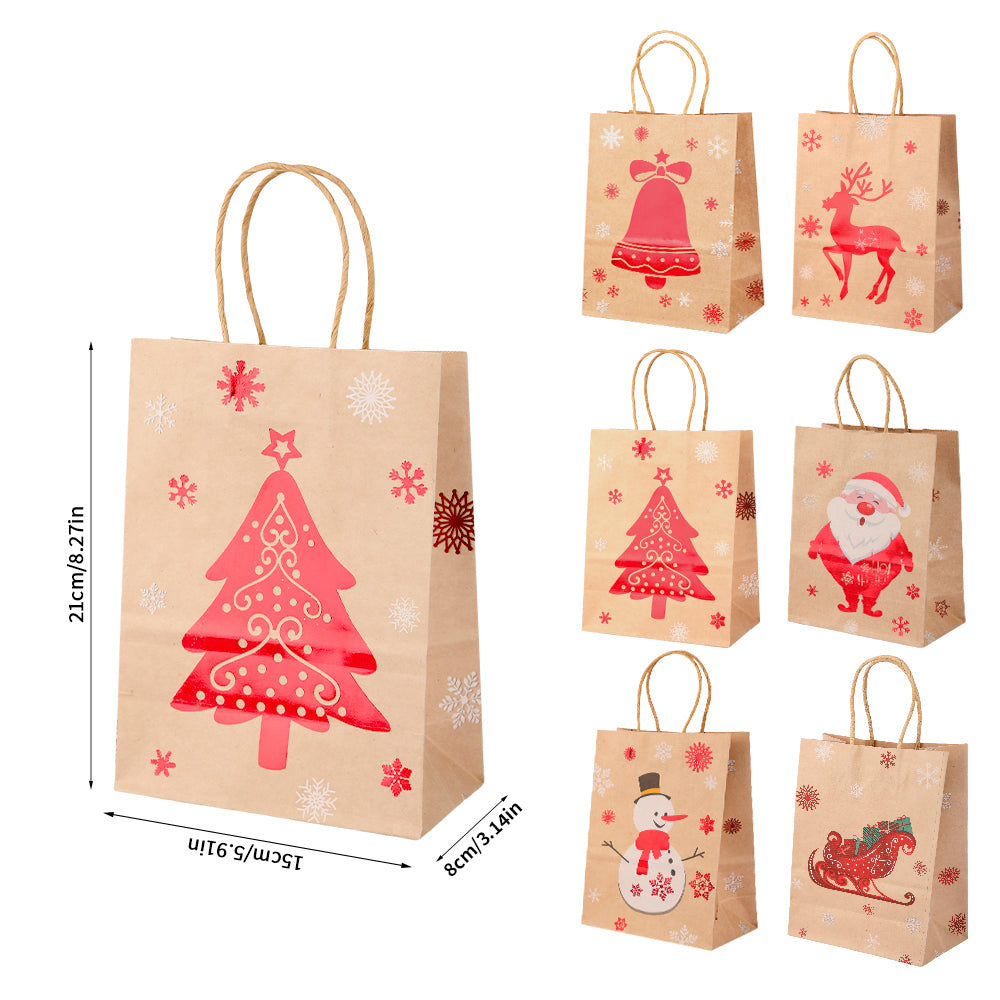 24/48pcs Christmas Gift Bags with Handles, Kraft Paper Holiday Party Favor Bags, Assorted Santa Snowman Reindeer Designs for Xmas Cookies Treats Goody Bags