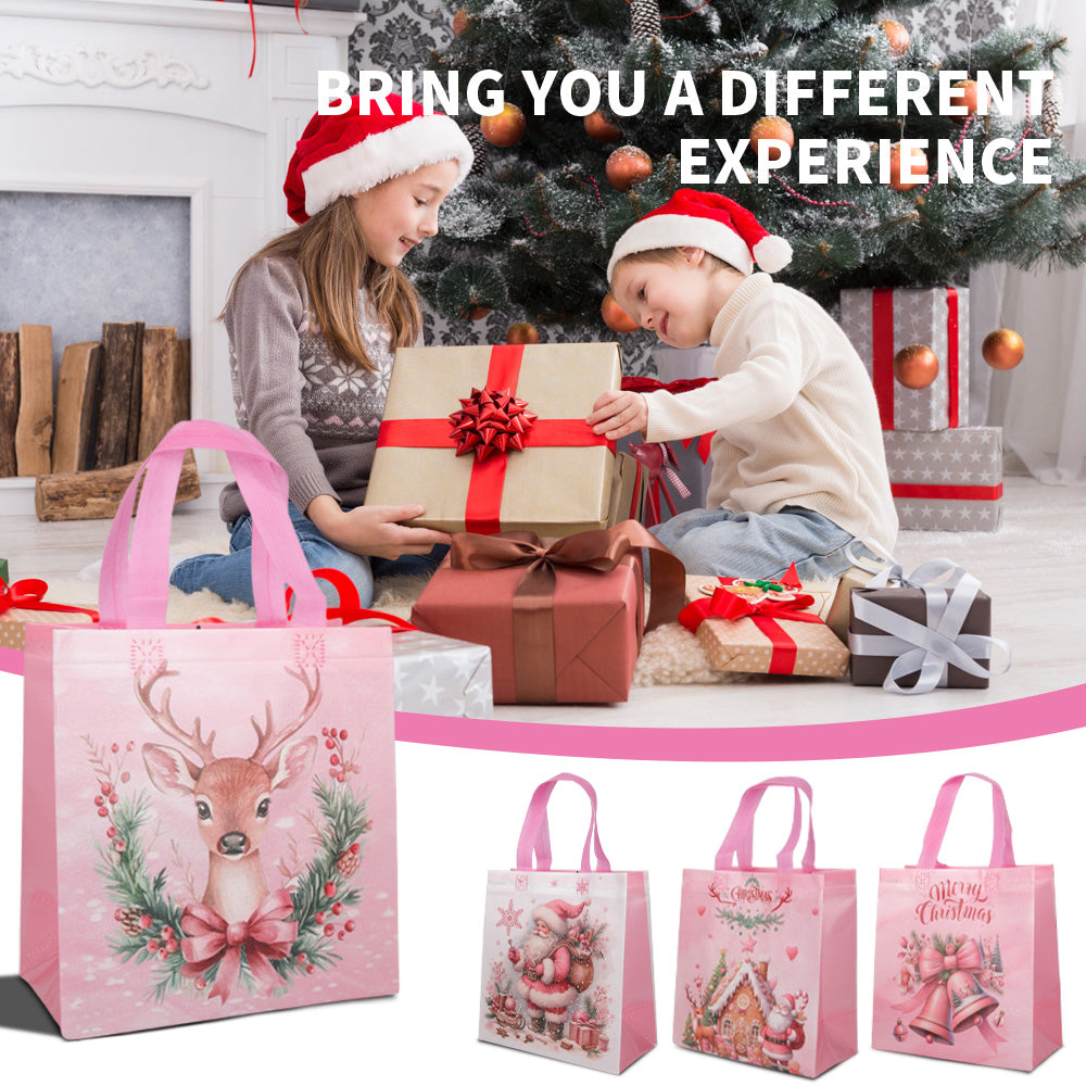 20/40pcs Cute Pink Christmas Deer Gift Bags with Handles, Reusable Non Woven Holiday Tote Bags for Kids Presents, Party Favors, and Candy