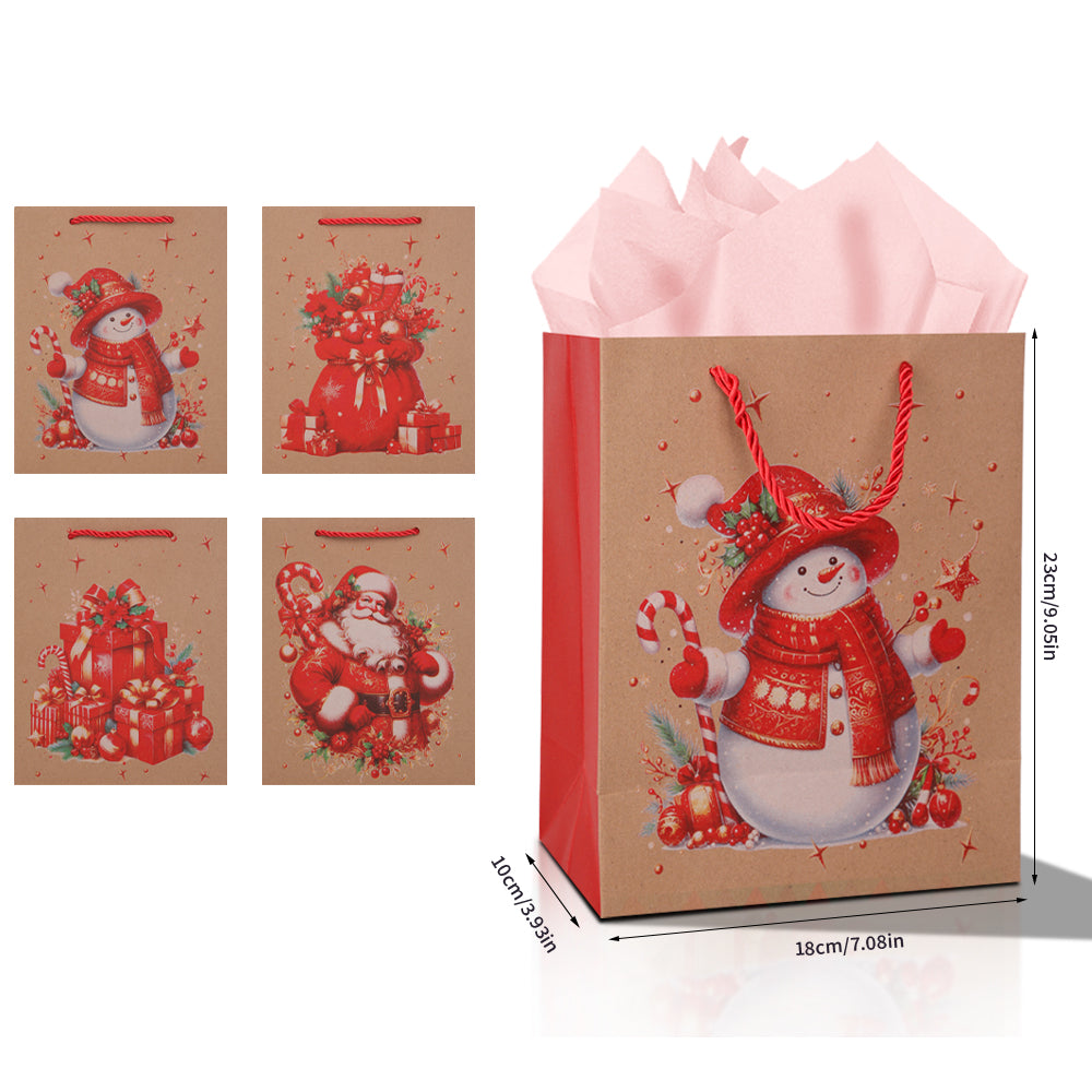 10/20pcs Christmas Gift Bags Kraft Paper with Handles, Snowman and Santa Claus Design, Holiday Party Favor Bags for Kids Presents Wrapping Supplies