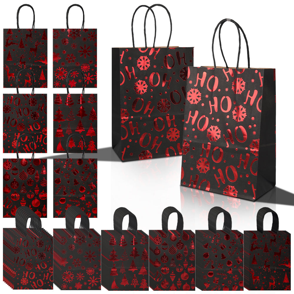 18/36pcs Black and Red Foil Christmas Gift Bags, Assorted Merry Christmas Patterns for Holiday Party Favor and Presents