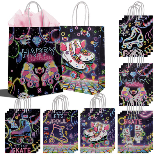 24/48pcs Retro Roller Skating Birthday Gift Bags, Neon Disco Theme Party Favor Bags for Kids, Let's Roll