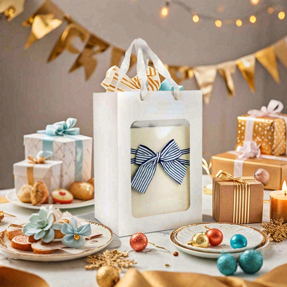 6/12pcs Clear Window Gift Bags, White Paper Party Favor Bags for Wedding, Birthday, Candy, Cookies, Bakery Packaging