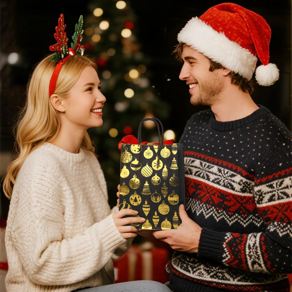 18/36pcs Christmas Gift Bags Black Gold Foil | Luxury Holiday Party Favor Bags with Handles | Elegant Christmas Tree Ornament Snowflake Reindeer Design