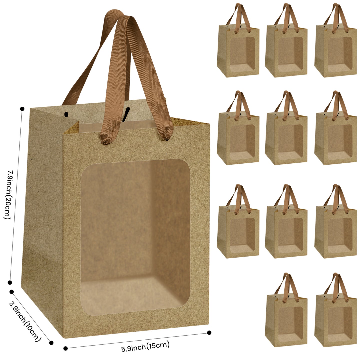 8/12/16/24pcs Brown Kraft Paper Gift Bags with Clear Window and Handles, Perfect for Cookies, Bakery, Party Favors, Christmas and Thanksgiving