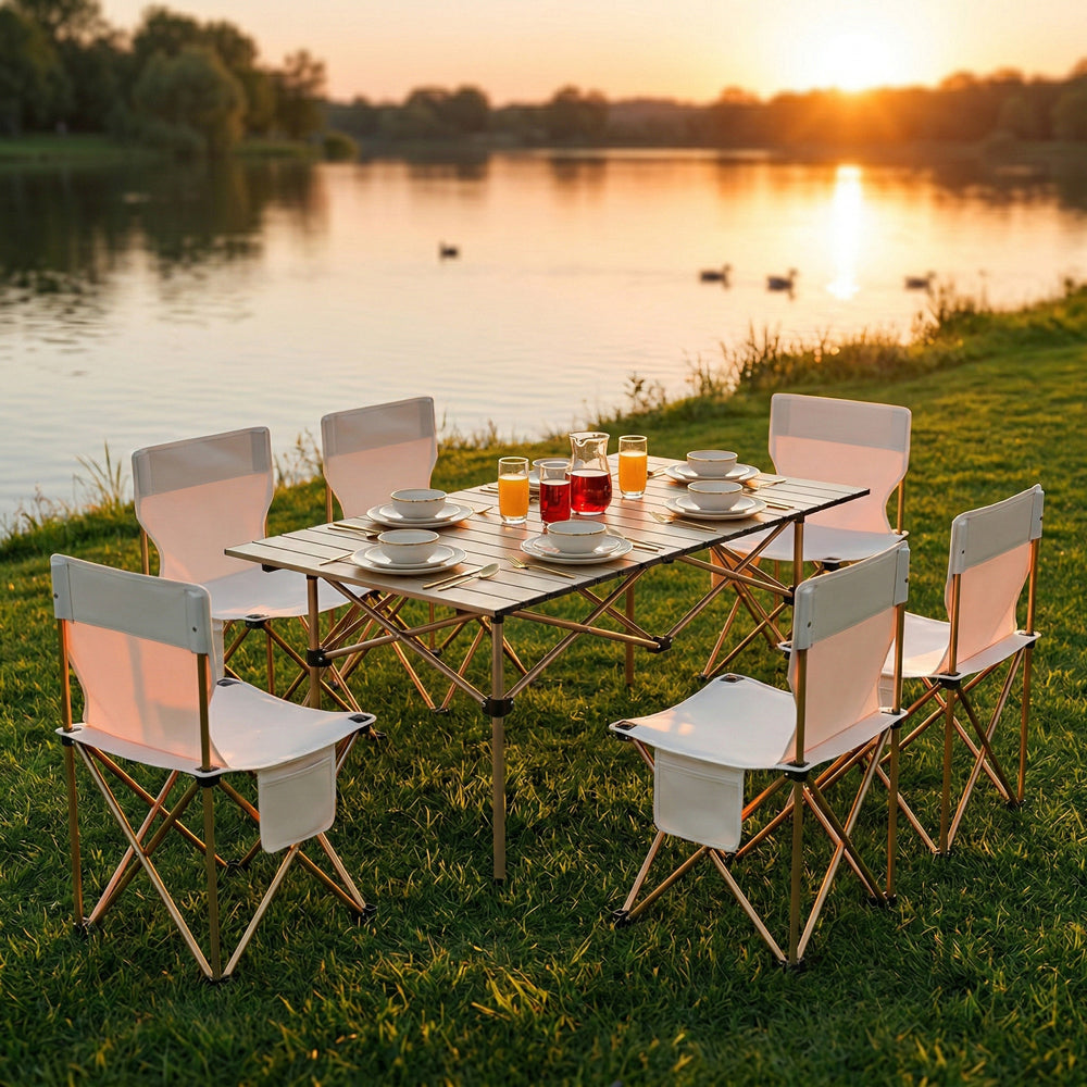 7 Piece Outdoor Folding Table and Chairs Set, Heavy Duty Aluminum Picnic Table with 6 Folding Chairs, Portable Camping Gear for Backyard, Beach, BBQ, Patio (with Carry Bag)