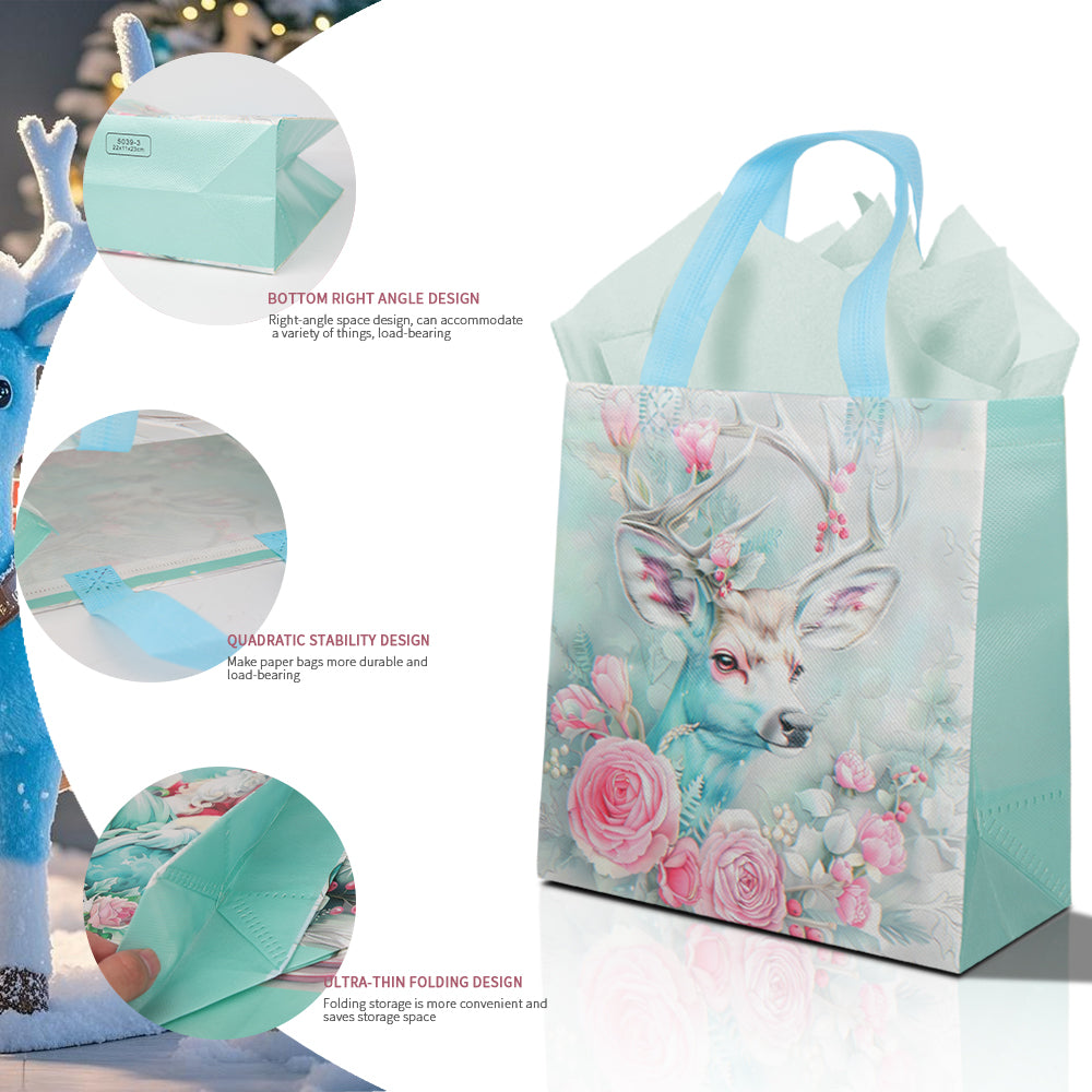 40pcs of preferred gift packaging bags for the Christmas season, elk and floral themed gift bags with soft color matching, reusable gift bags for Christmas parties.