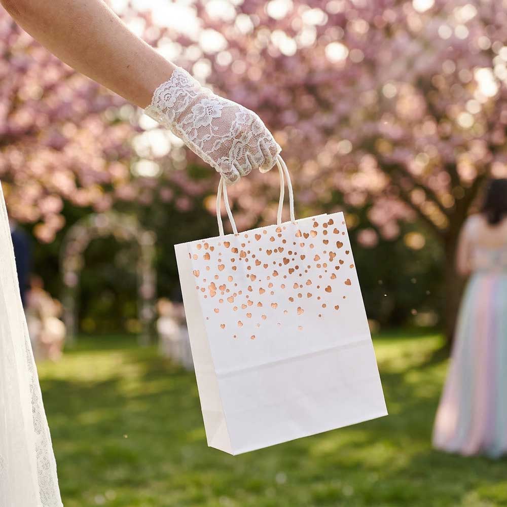 20/40pcs Valentine's Day Gift Bag, Rose Gold Heart Pattern Paper Bags for Wedding Favor, Party, Birthday, Small Gift Bags for Her