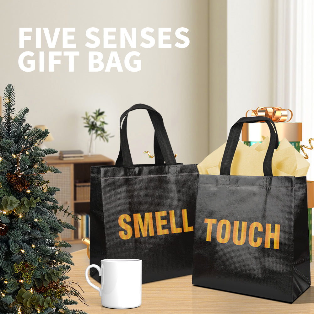 20/40pcs Sensory Bags for Blind Taste Test, Black Non Woven Party Favor Bags with SIGHT SMELL TOUCH SOUND TASTE Words