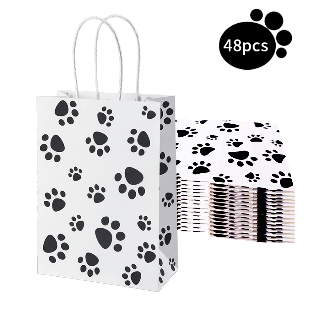16/48pcs Dog Paw Gift Bags, Black and White Paw Print Paper Bags for Dog Birthday Party, Adoption Day, Vet Gifts, Dog Lover Present