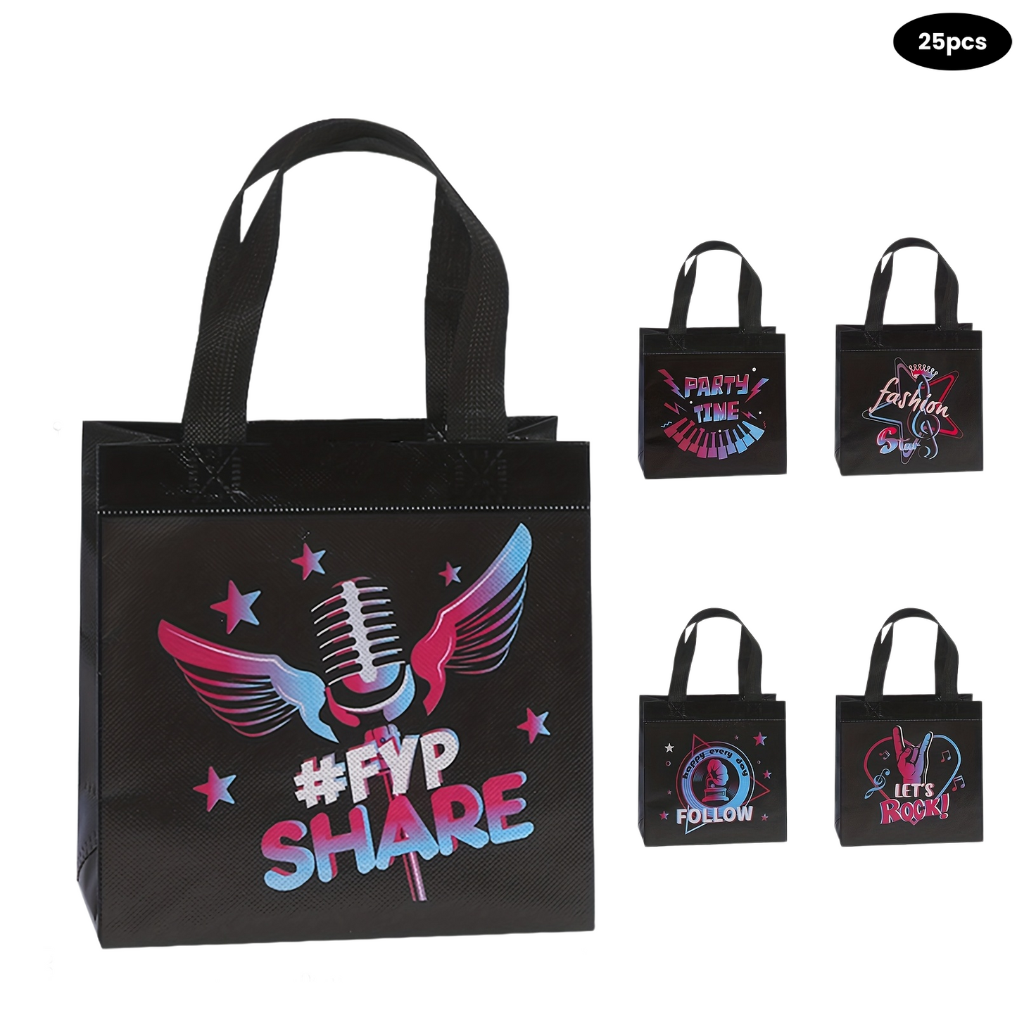 25pcs Festival Party Favor Bags, Rock Music Candy Totes, Non Woven Reusable Gift Bags, Halloween Trick or Treat