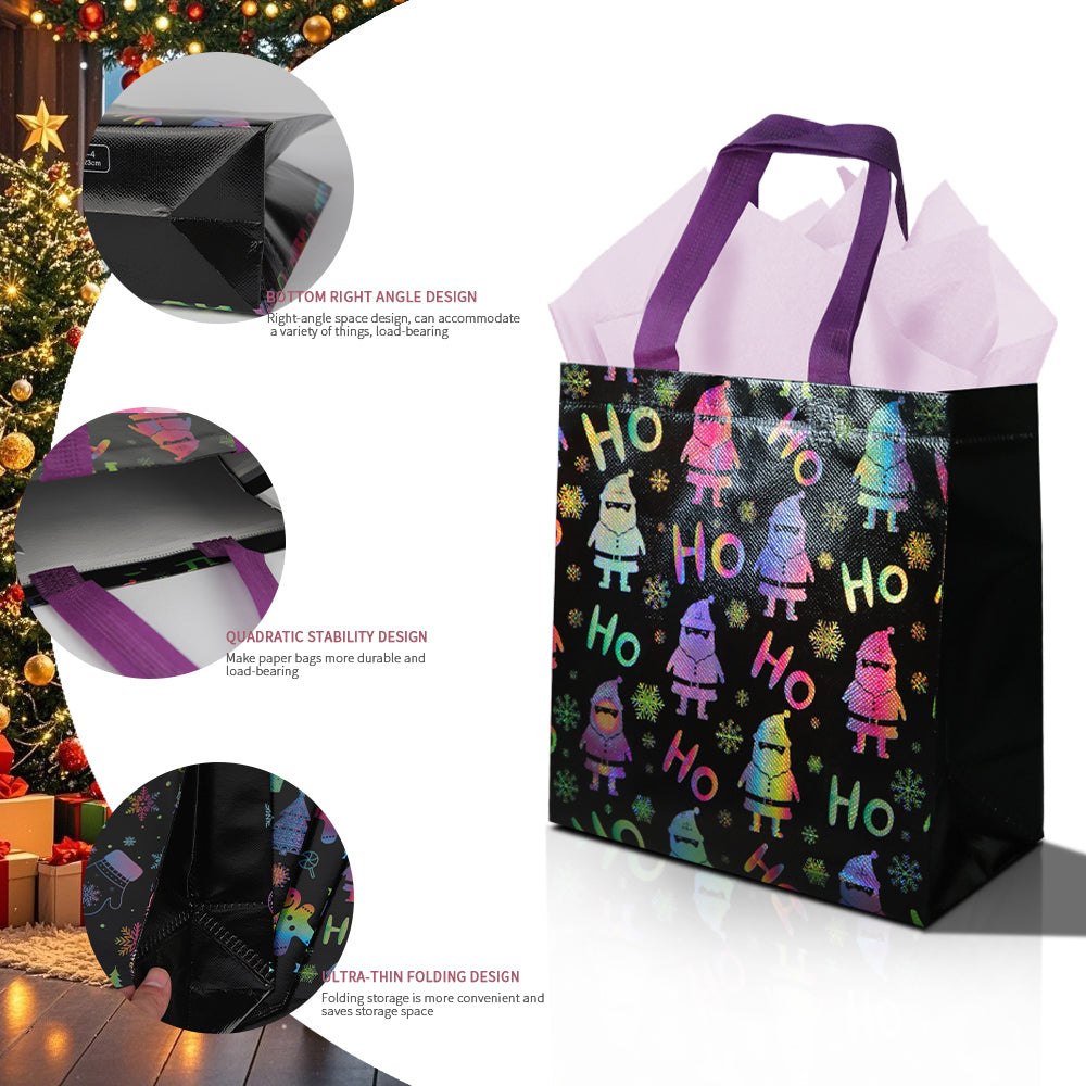 16/32pcs Holographic Christmas Gift Bags with Handles, Black Shiny Holiday Party Favor Bags for Candy, Treats, Stocking Stuffers