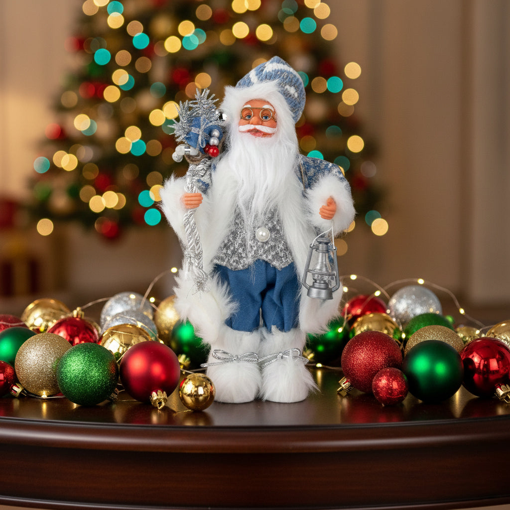 15.7in Blue Santa Claus Figurine with Lantern, Nordic Winter Christmas Decor for Mantel, Tabletop, and Home, Resin Standing Santa Statue, Christmas Gift
