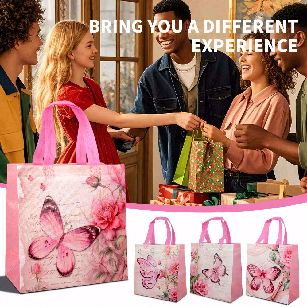 20/40pcs Pink Butterfly Gift Bags for Birthday, Wedding, Valentine's Day Party Favor Bags, Floral Tote Bags for Women