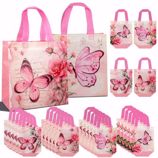 20/40pcs Pink Butterfly Gift Bags for Birthday, Wedding, Valentine's Day Party Favor Bags, Floral Tote Bags for Women