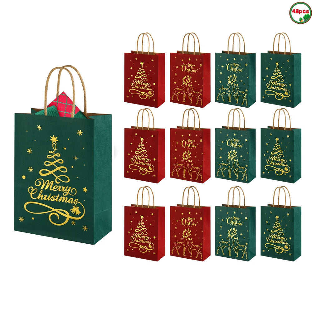 24/48pcs Christmas Paper Gift Bags, Red Green Gold Foil Printed Reindeer & Tree Design, Holiday Party Supplies