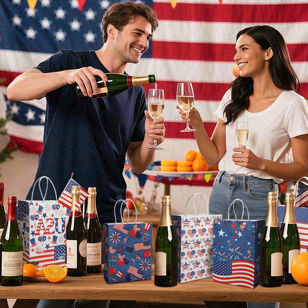 24/48pcs American Flag Gift Bags, Patriotic Party Favor Bags for 4th of July, Independence Day, Veterans Day, Memorial Day, Red White Blue Paper Treat Bags with Handles