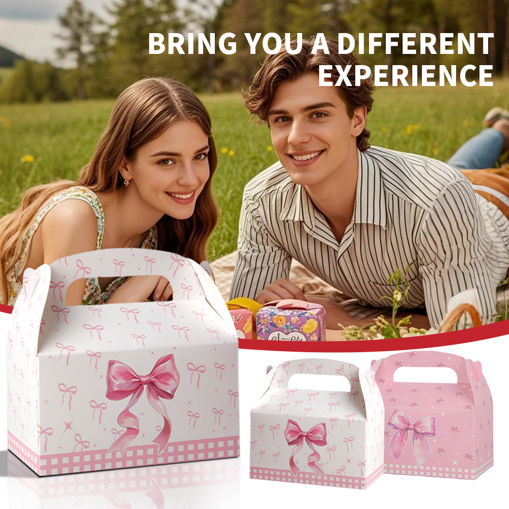16/32pcs Pink Bow Gift Boxes with Handle, Party Favor Boxes for Birthday Wedding Baby Shower, Candy Cookie Dessert Packaging Boxes