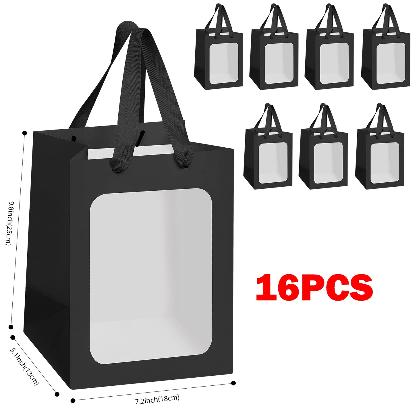 8/12/16/24pcs Black Gift Bags with Clear Window, Paper Shopping Bags with Handles for Jewelry, Wedding Favor, Party, Flower