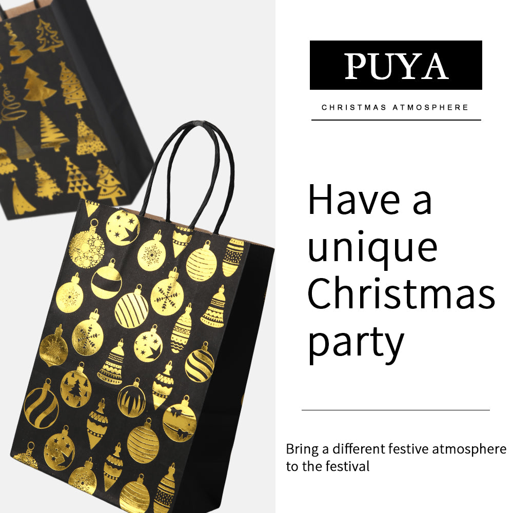 18/36pcs Christmas Gift Bags Black Gold Foil | Luxury Holiday Party Favor Bags with Handles | Elegant Christmas Tree Ornament Snowflake Reindeer Design