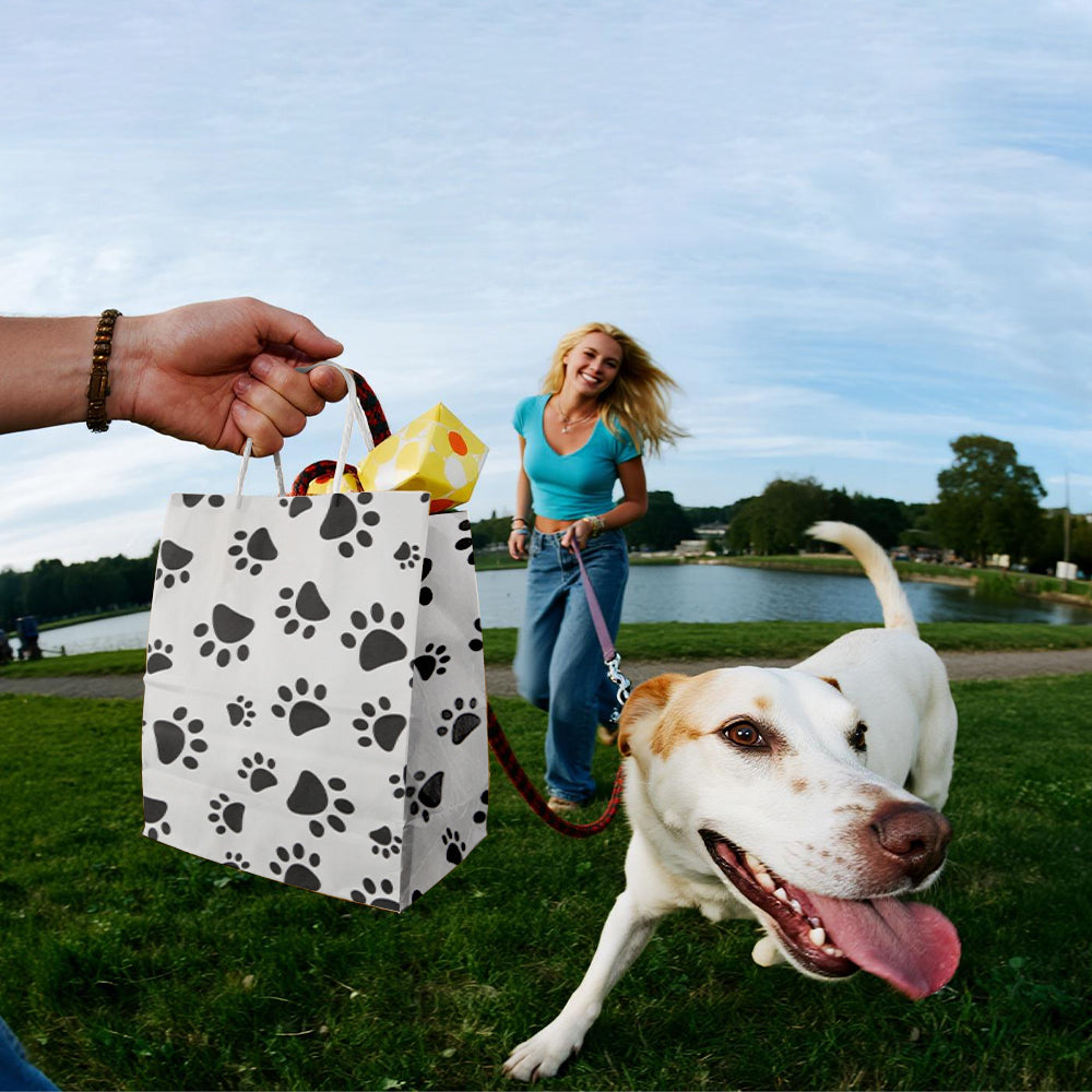 16/48pcs Dog Paw Gift Bags, Black and White Paw Print Paper Bags for Dog Birthday Party, Adoption Day, Vet Gifts, Dog Lover Present