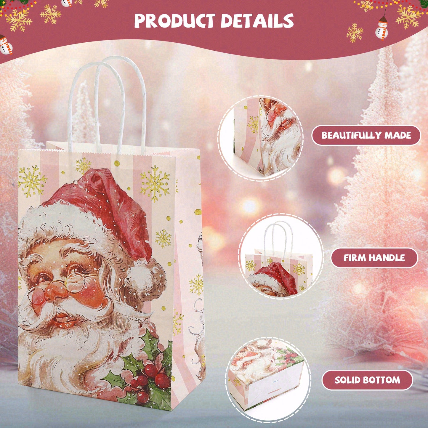 24/48pcs Pink Christmas Gift Bags with Santa Claus Design, Retro Holiday Party Favor Bags for Kids, Christmas Treat Bags