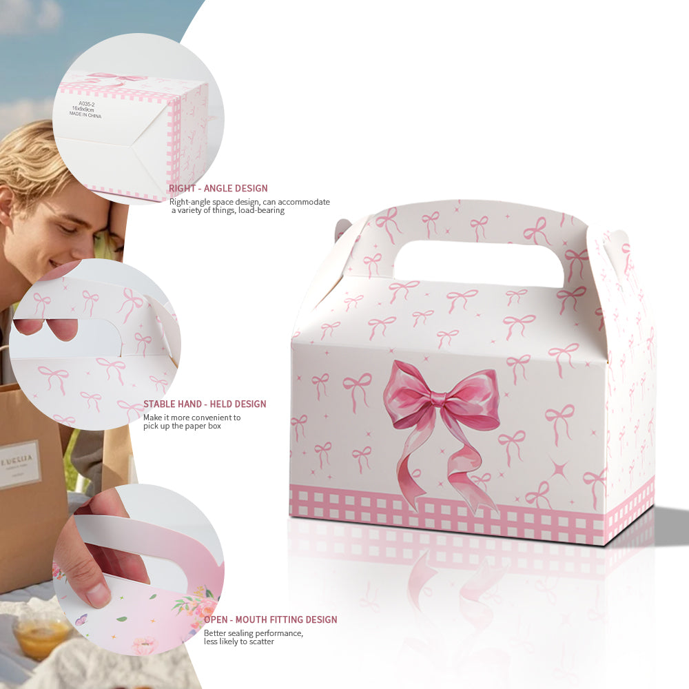 16/32pcs Pink Bow Gift Boxes with Handle, Party Favor Boxes for Birthday Wedding Baby Shower, Candy Cookie Dessert Packaging Boxes
