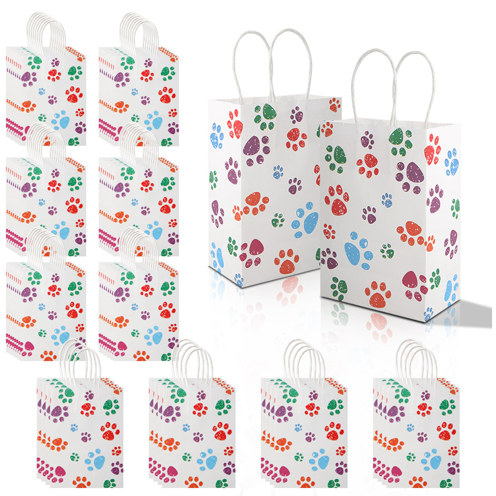 16/48pcs Paw Print Gift Bags for Dog & Cat Lovers, Pet Birthday Party Favor Bags, Animal Paw Print Paper Bags for Presents