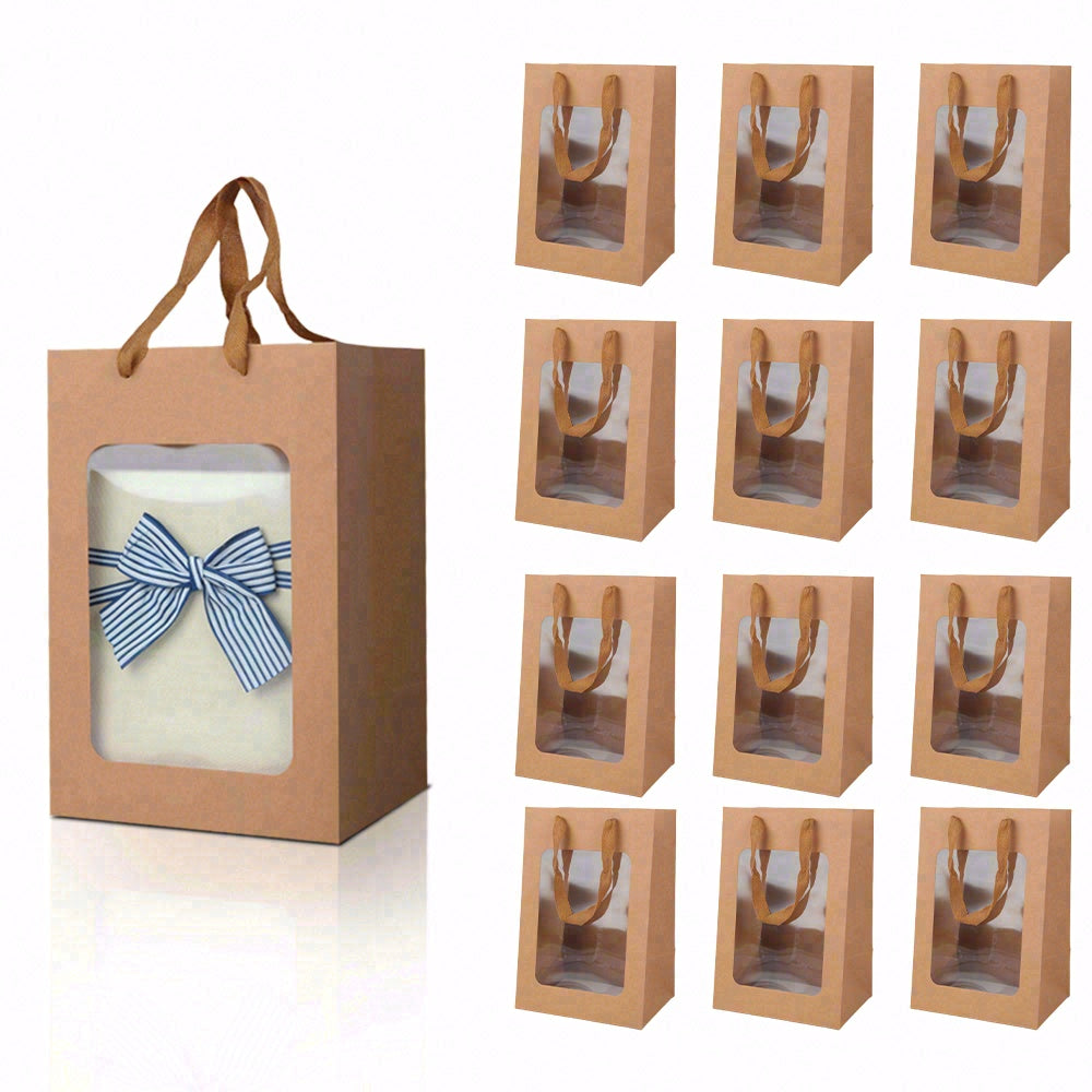6/12pcs Kraft Gift Bags with Clear Window, Brown Paper Party Favor Bags for Bakery Cookies Candy Wedding