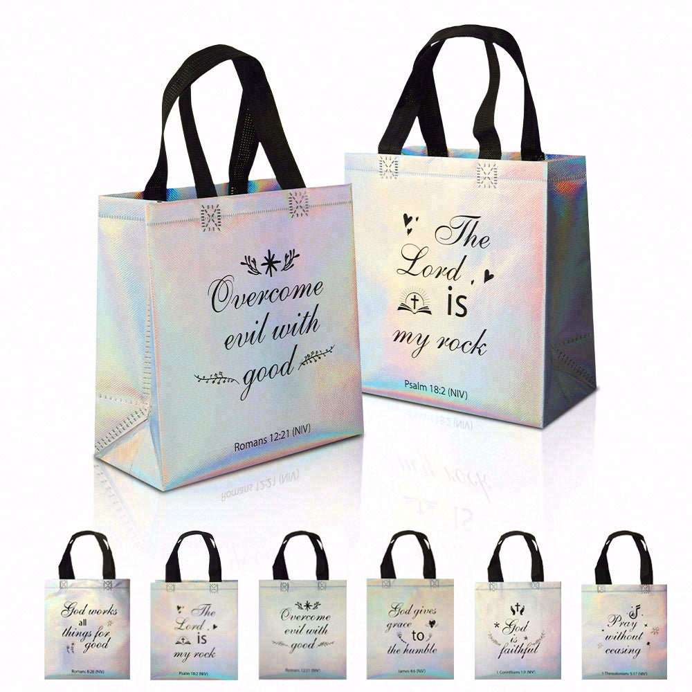16/32pcs Christian Gift Bags with Bible Verses, Holographic Iridescent Tote Bags for Church, Bible Study, Easter, Christmas, Religious Party Favors