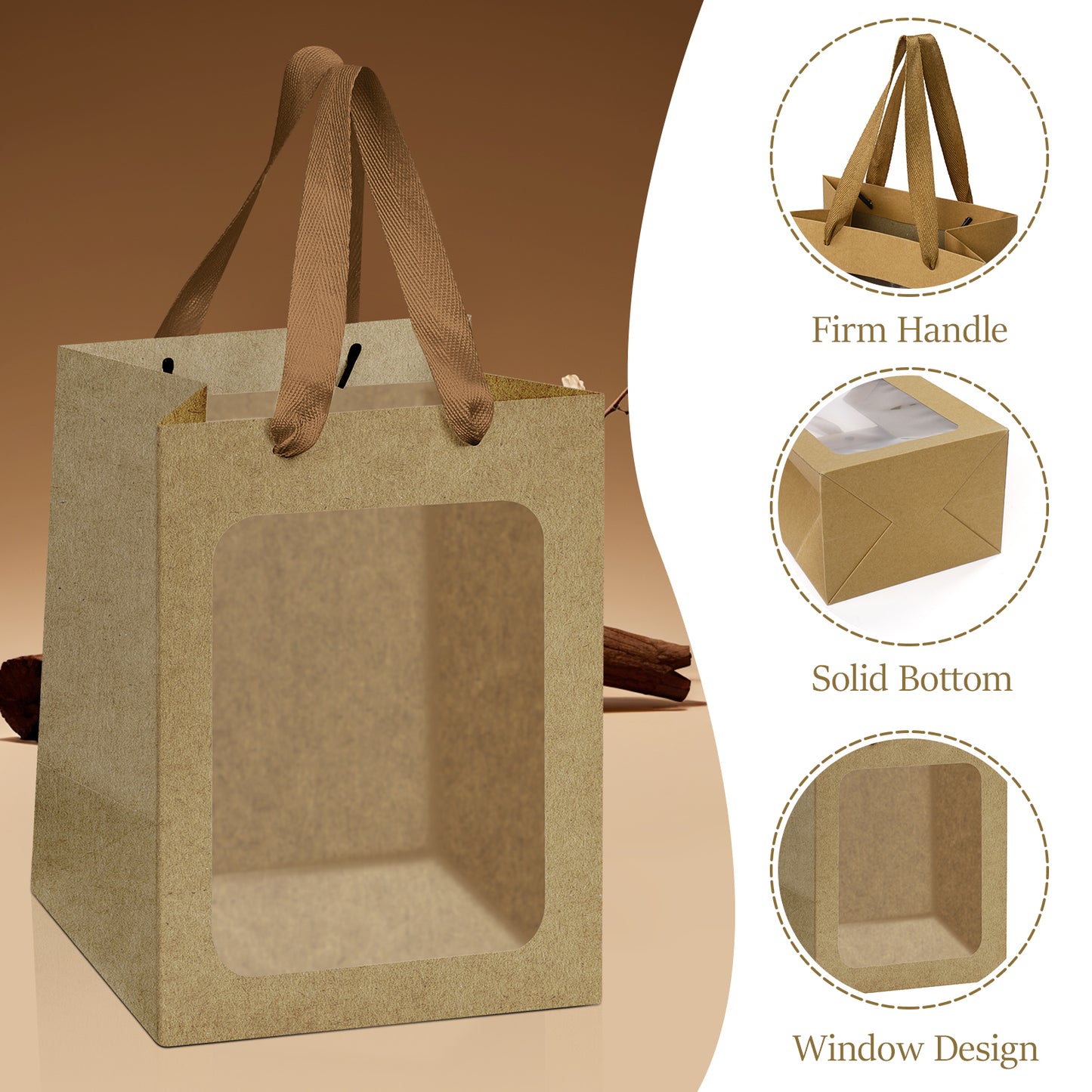 8/12/16/24pcs Brown Kraft Paper Gift Bags with Clear Window and Handles, Perfect for Cookies, Bakery, Party Favors, Christmas and Thanksgiving