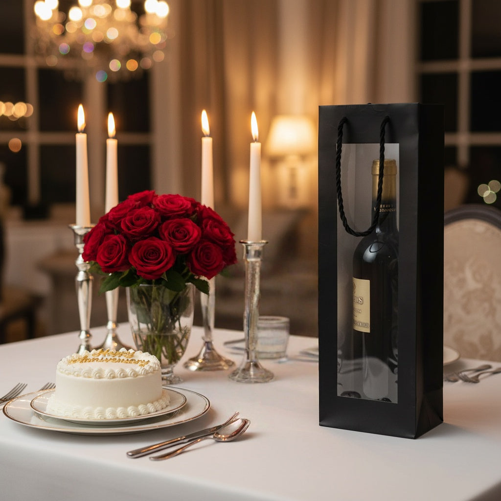 20pcs Wine Gift Bag with Clear Window, Kraft Paper Single Bottle Carrier with Rope Handle for Birthday, Wedding, Christmas Party