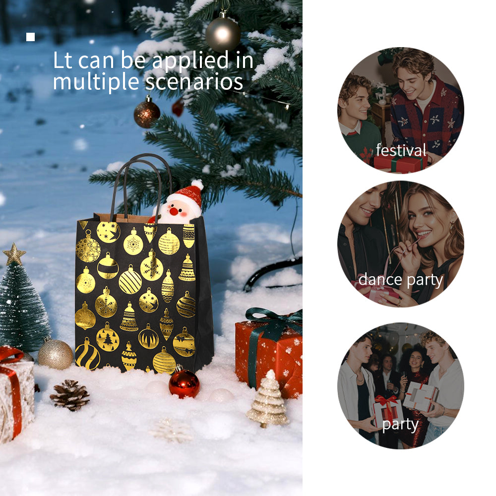 18/36pcs Christmas Gift Bags Black Gold Foil | Luxury Holiday Party Favor Bags with Handles | Elegant Christmas Tree Ornament Snowflake Reindeer Design