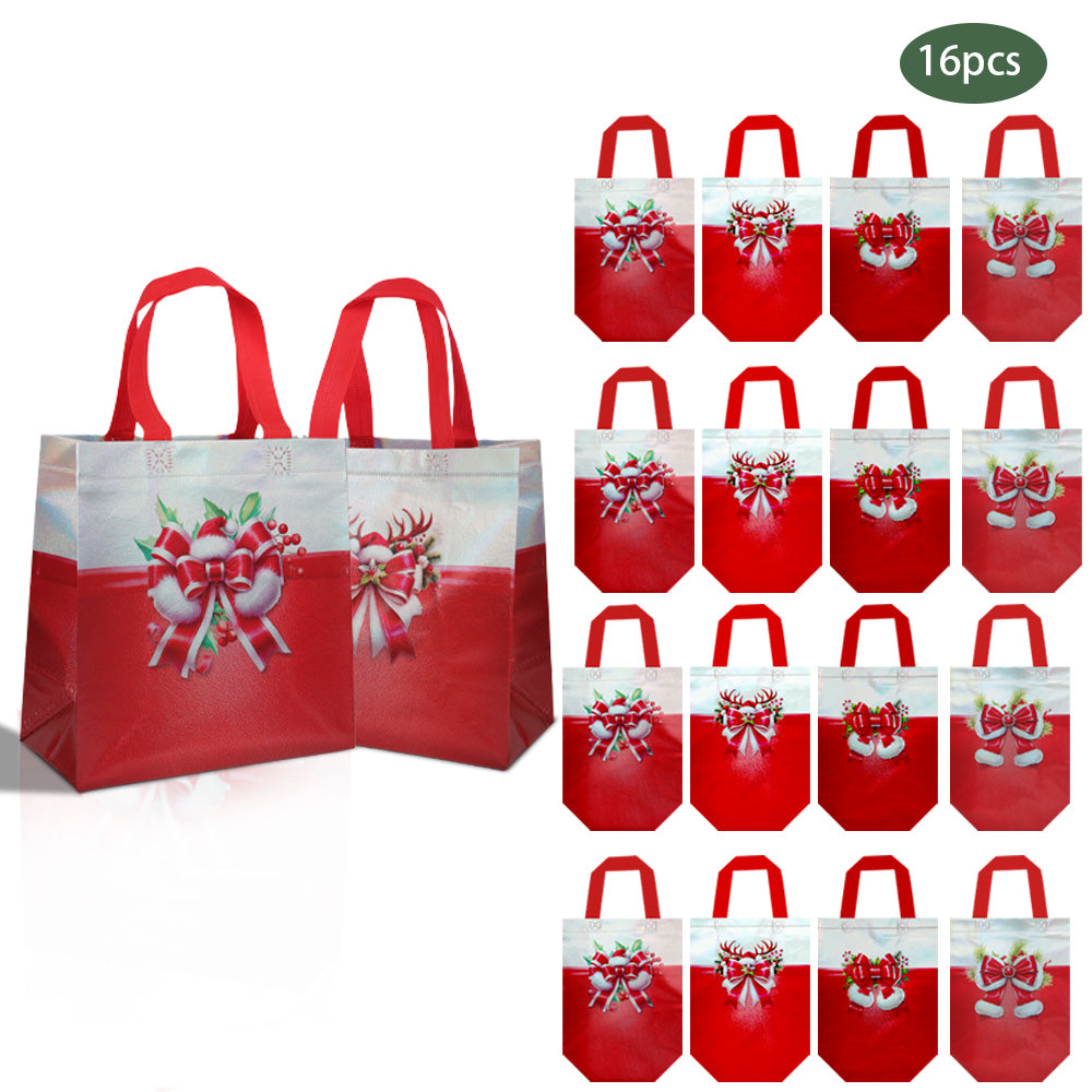 16/32pcs Christmas Gift Bags with Handles, Reusable Non Woven Holiday Party Favor Bags, Red Santa Bow Design for Presents, Candy, Treats