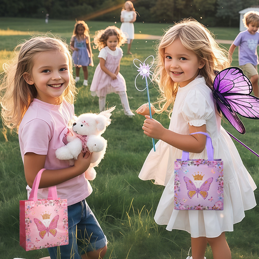 24/48pcs Butterfly Party Favor Bags, Princess Goodie Bags for Kids Birthday Party, Pink Purple Butterfly Crown Gift Bags for Girls