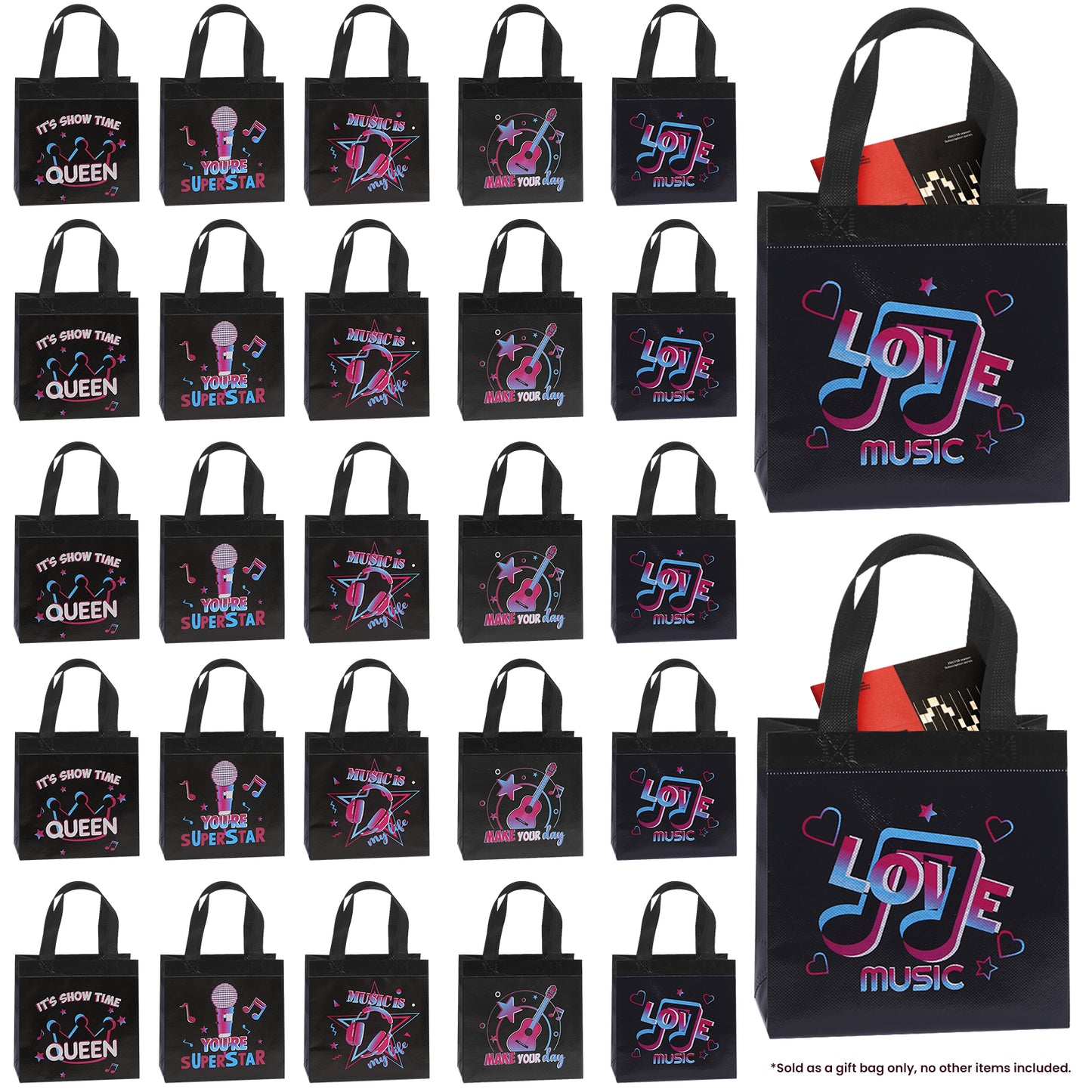 25pcs Music Theme Non-Woven Gift Bags for Birthday Party, KTV, and Concert  "It's Show Time" & "Superstar" Design
