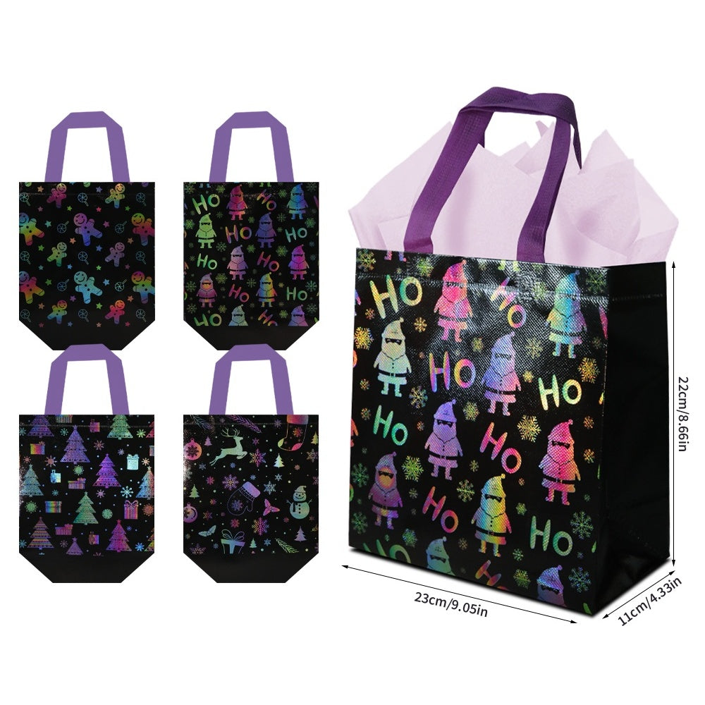 16/32pcs Holographic Christmas Gift Bags with Handles, Black Shiny Holiday Party Favor Bags for Candy, Treats, Stocking Stuffers