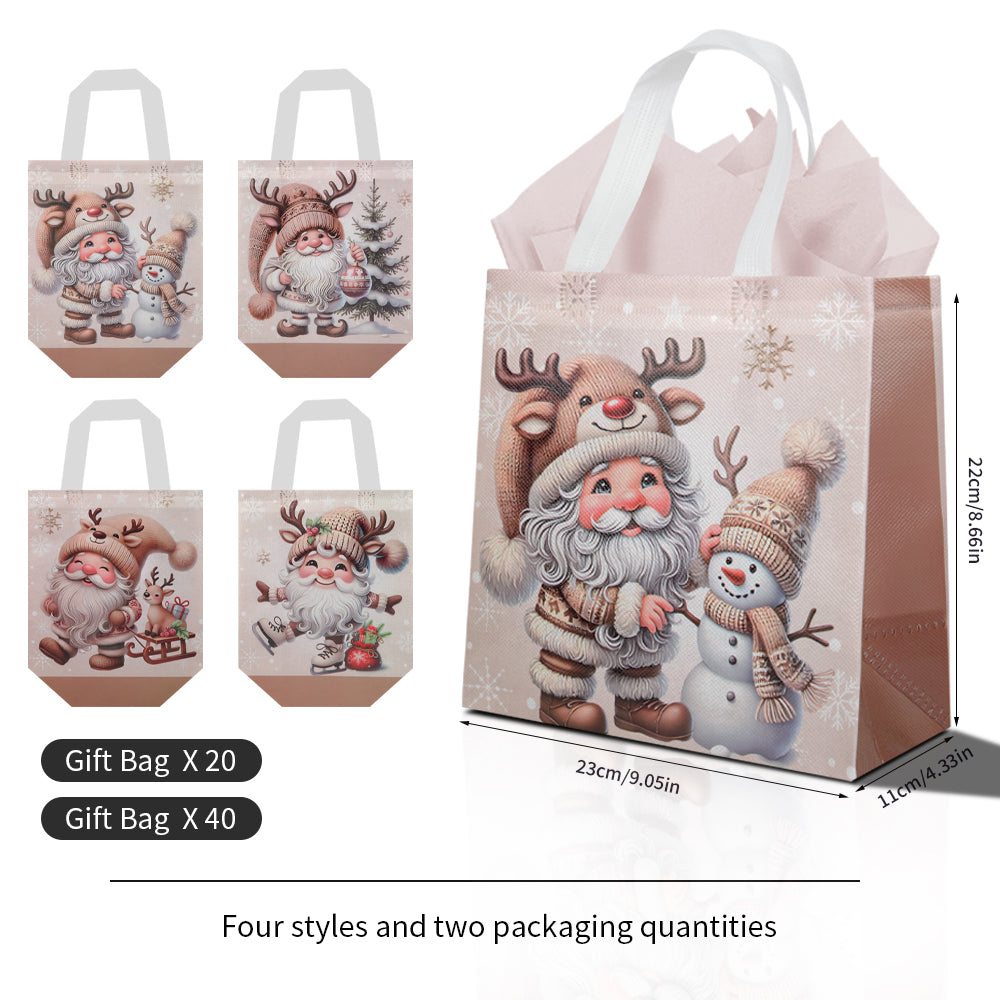 20pcs Christmas-themed gift bags, high-quality non-woven waterproof party gift bags with Santa Claus and snowman printed patterns, suitable as packaging bags for weddings, carnival nights, Thanksgiving, and holiday gifts.