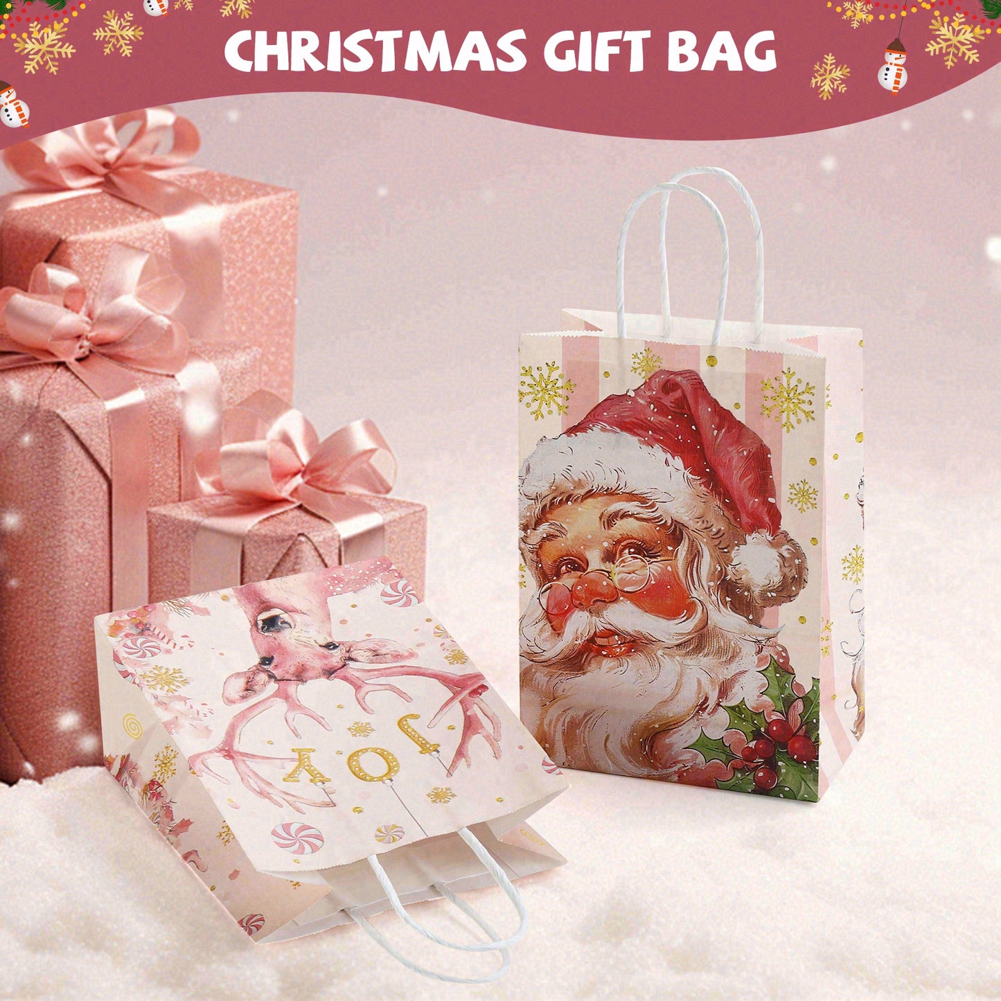 24/48pcs Pink Christmas Gift Bags with Santa Claus Design, Retro Holiday Party Favor Bags for Kids, Christmas Treat Bags