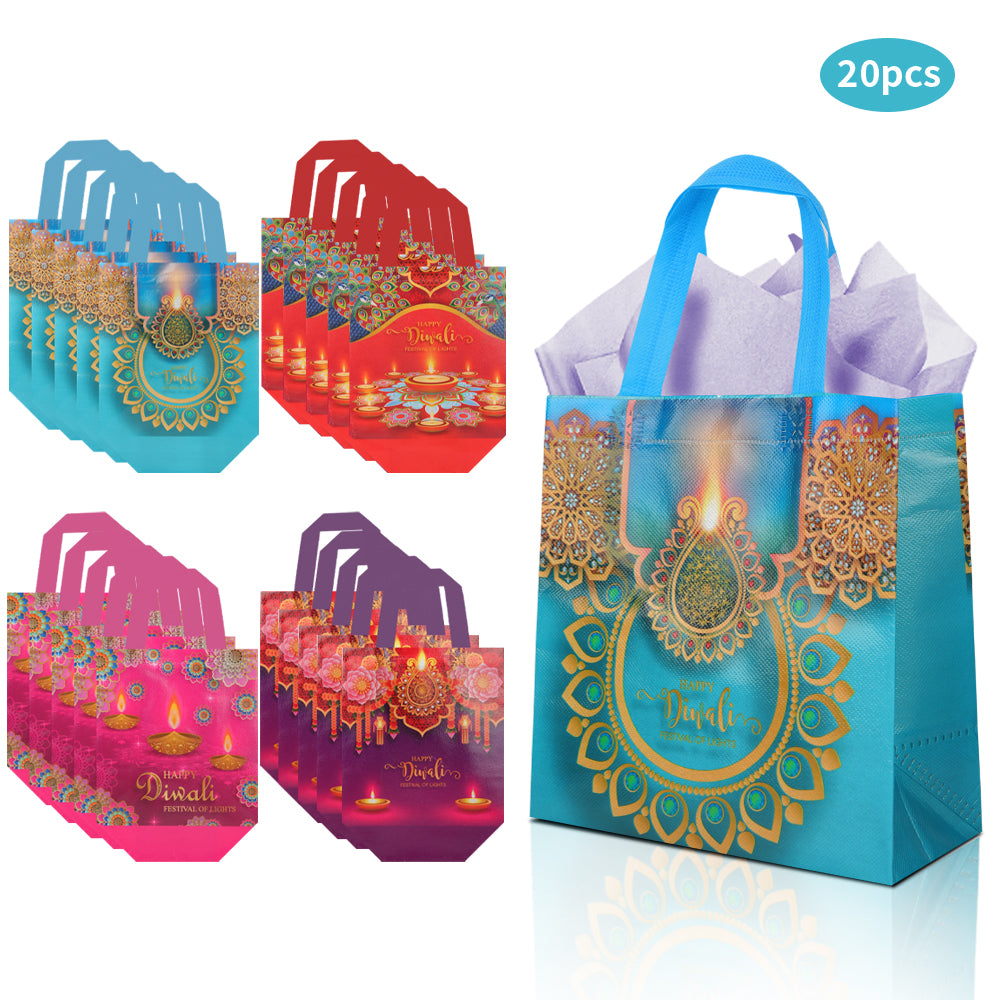20/40pcs Happy Diwali Gift Bags, Diwali Party Favor Bags, Reusable Non-Woven Tote Bags for Festival of Lights, Diwali Return Gift Pouches
