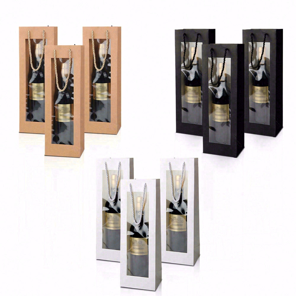 20pcs Wine Gift Bag with Clear Window, Kraft Paper Single Bottle Carrier with Rope Handle for Birthday, Wedding, Christmas Party