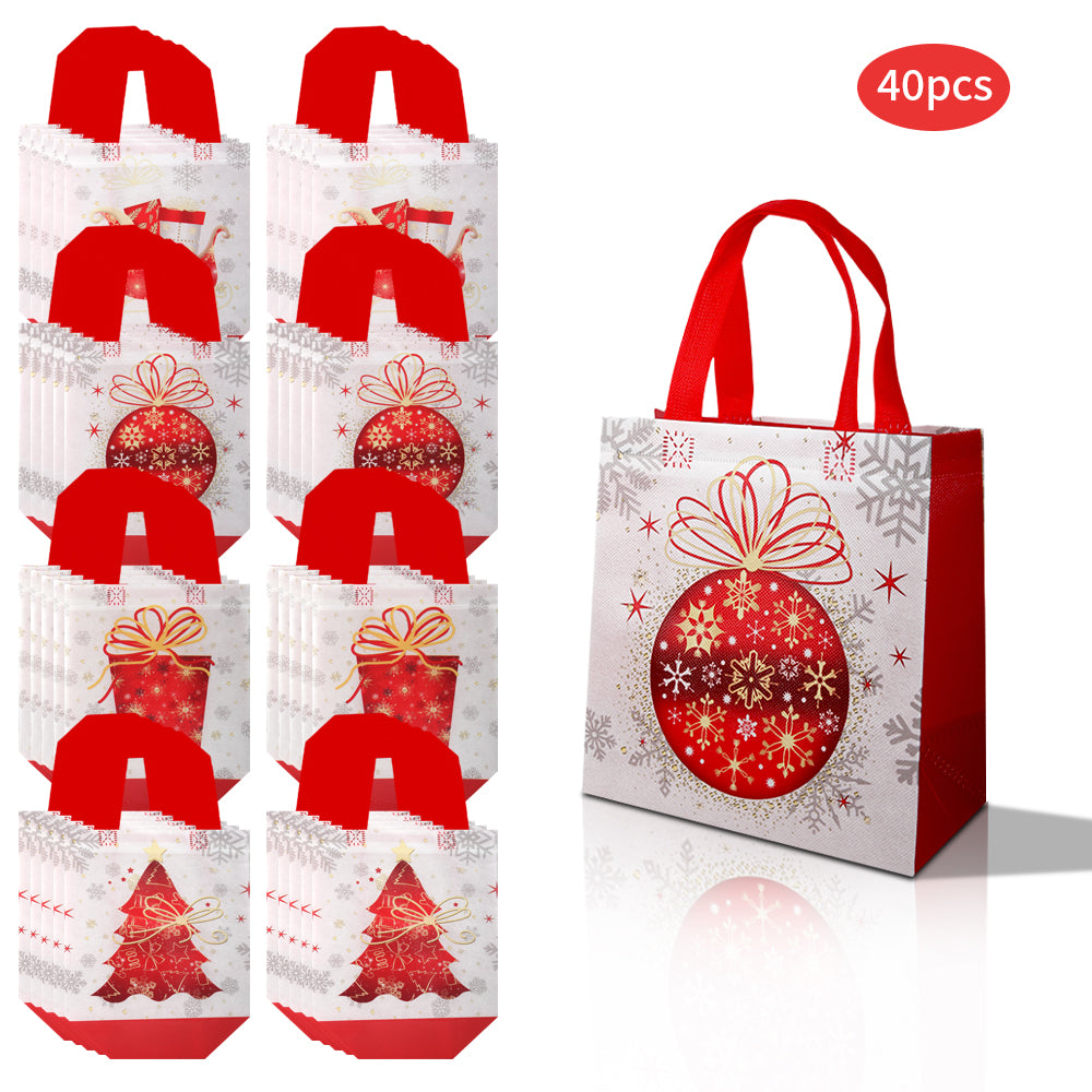 20/40pcs Christmas Gift Bags,Red and White Non Woven Holiday Party Favor Bags with Snowflake and Ornament Design for Kids Presents and Candy