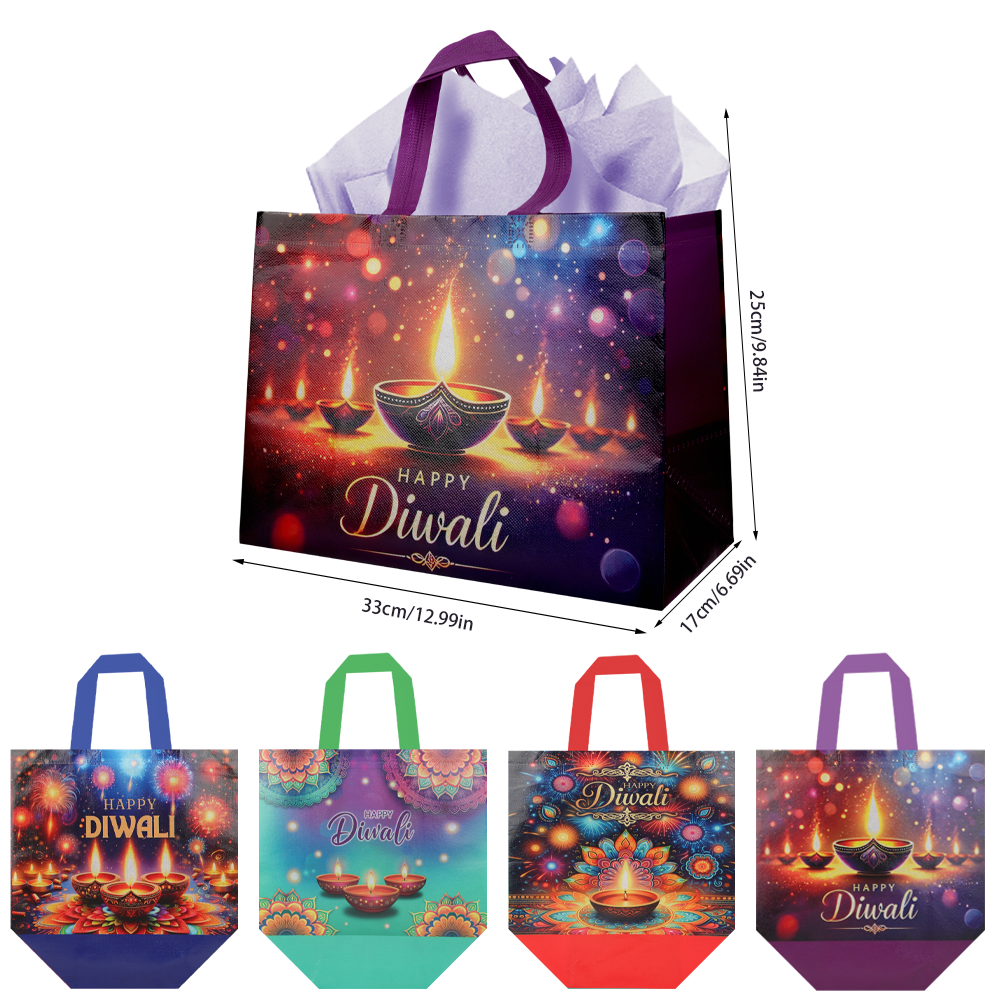 12/24pcs Happy Diwali Gift Bags, Reusable Non Woven Tote Bags for Diwali Party Favor, Indian Festival of Lights Candy Bags