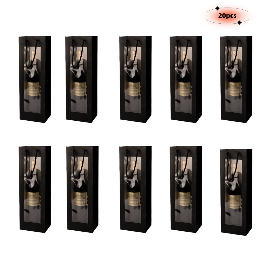 20pcs Wine Gift Bag with Clear Window, Kraft Paper Single Bottle Carrier with Rope Handle for Birthday, Wedding, Christmas Party