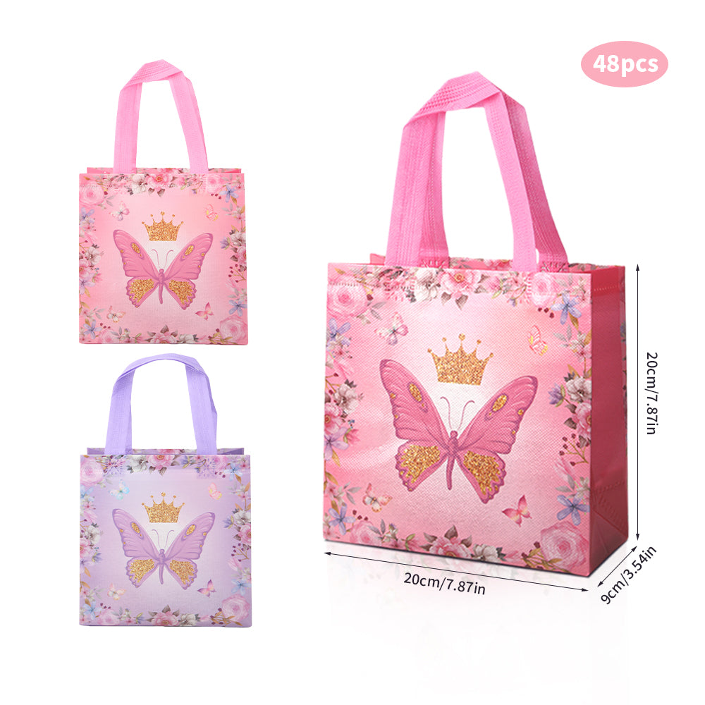 24/48pcs Butterfly Party Favor Bags, Princess Goodie Bags for Kids Birthday Party, Pink Purple Butterfly Crown Gift Bags for Girls